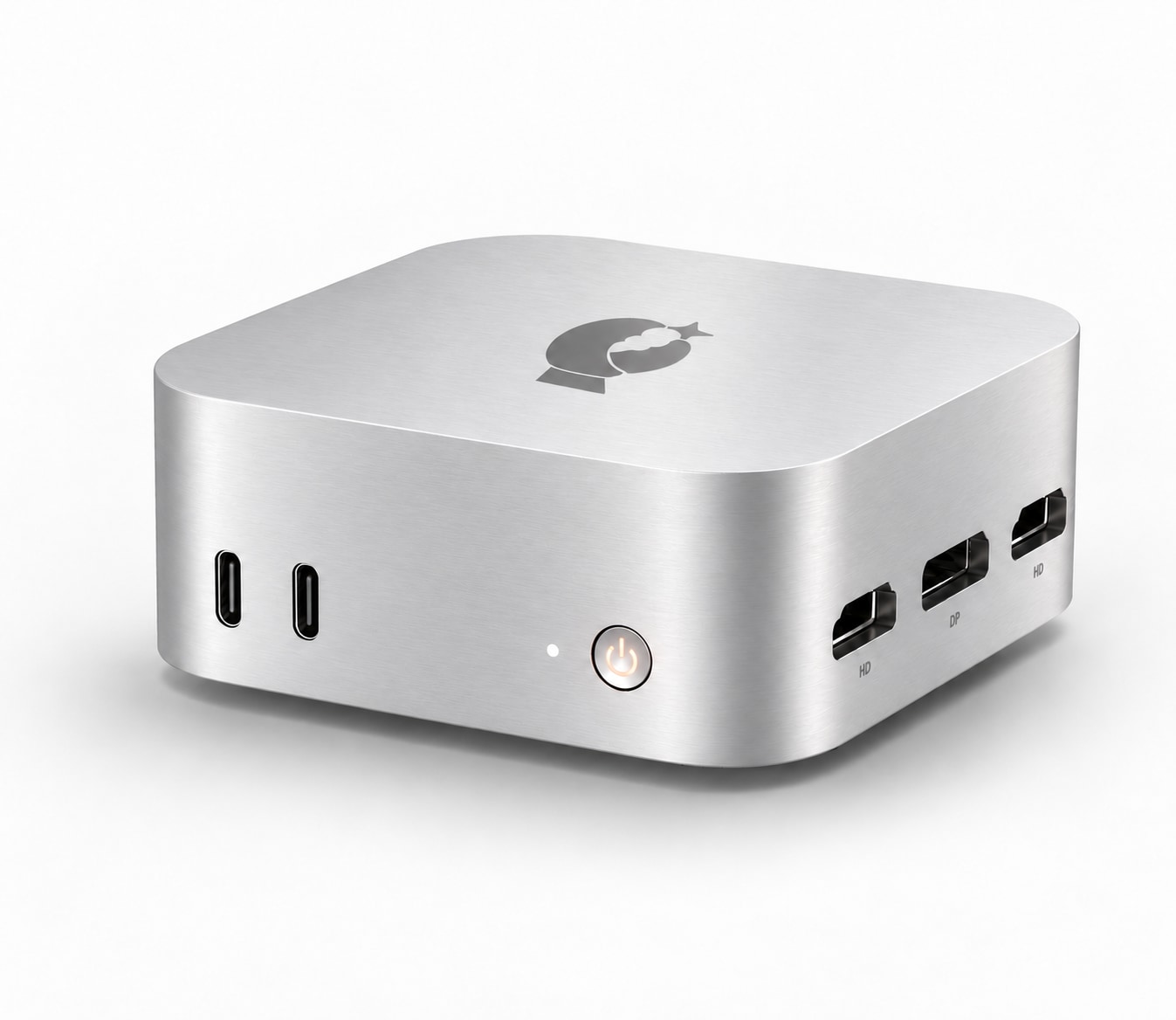 ClawHarbor Box desktop hardware with a silver metal finish, rounded edges, front ports and an illuminated power button.