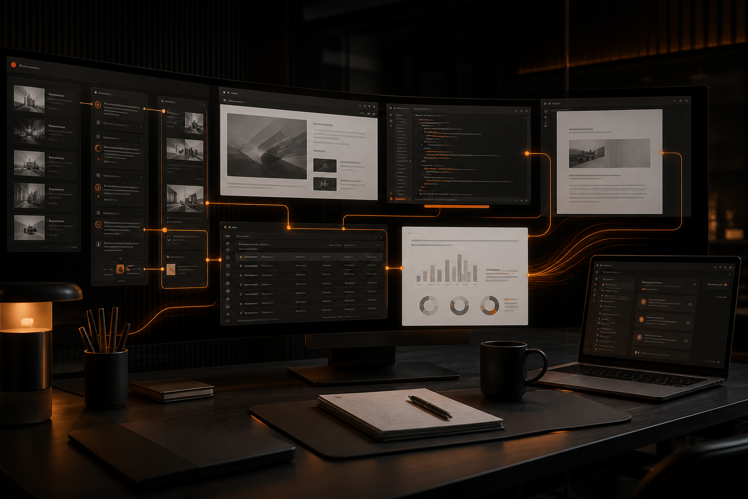 Concept visualization of an AI agent coordinating research, code, documents and data in one workspace.