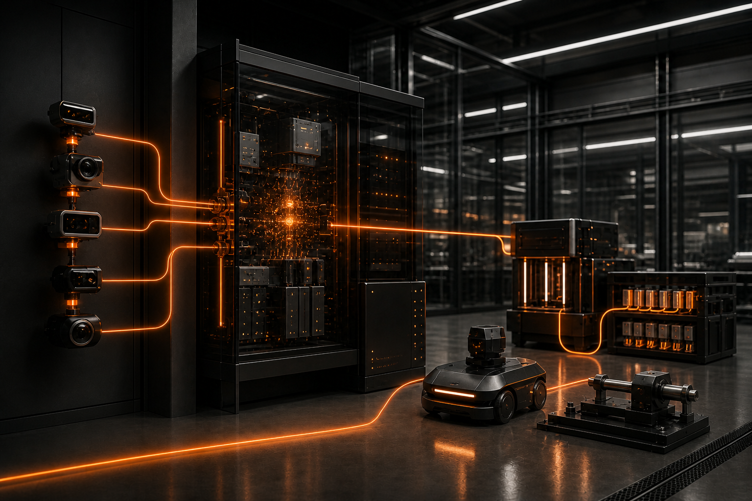 Concept visualization of sensors, an AI core, an autonomous device and precision actuation connected in a real environment.