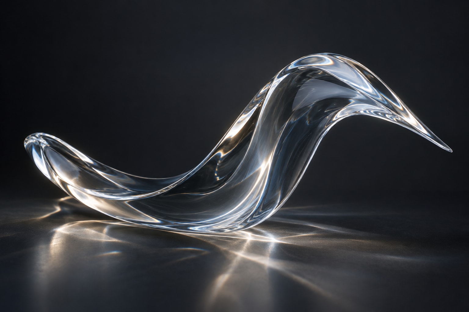 Concept study of a clear sculptural glass wave, with polished contours refracting warm-white and ice-blue light onto a dark surface.