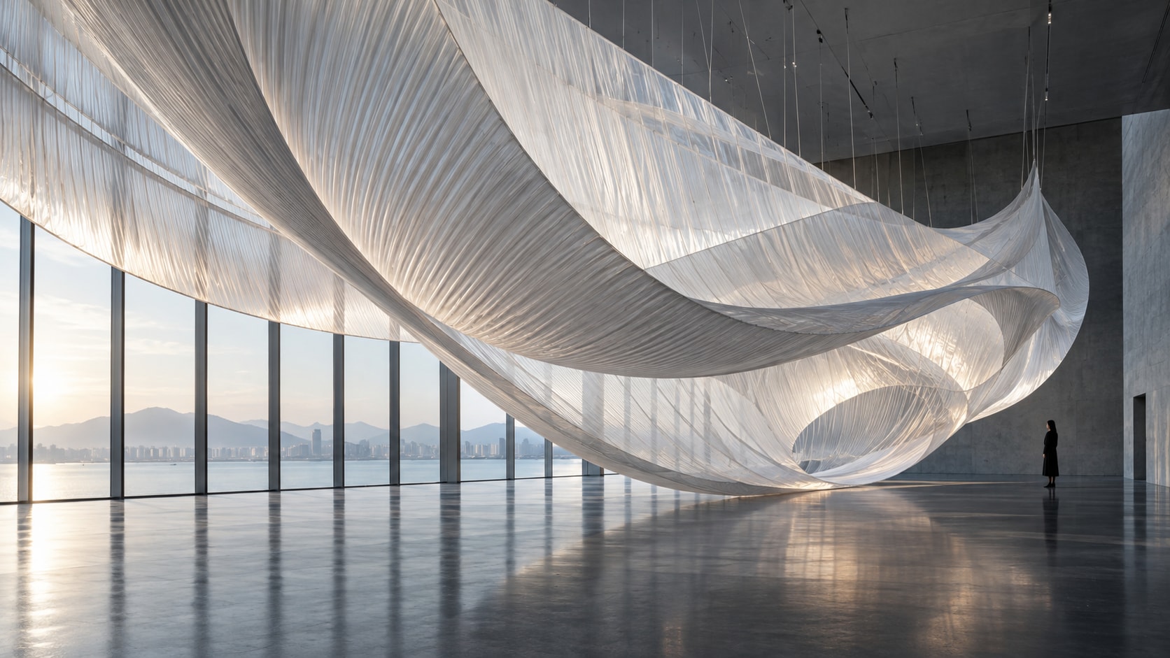 Concept artwork of a monumental translucent textile installation in a gallery, with flowing suspended forms and a visitor giving a sense of human scale.